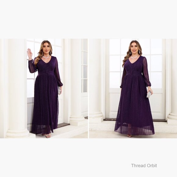 Plus Size Sparkly Lace Formal Maxi Dress V Neck Cocktail Evening Gown - Picture 7 of 7